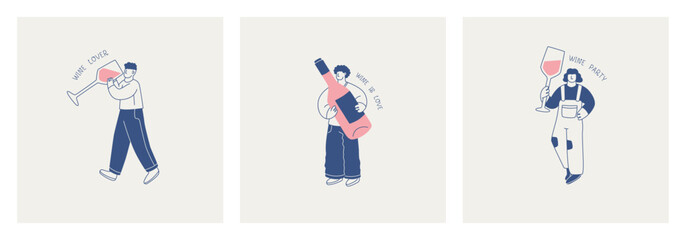 A set of illustrations of cute characters with huge glasses and bottles of wine. Lettering - wine this love, wine lover.and a wine party. For the design of postcards, posters or invitations.