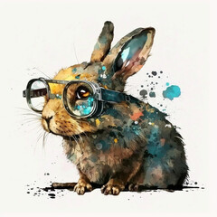 Cute Watercolor Bunnies in Glasses Clip Art, Cute Bunny Design, Rabbit Illustrations. Abstract Image. Generative AI