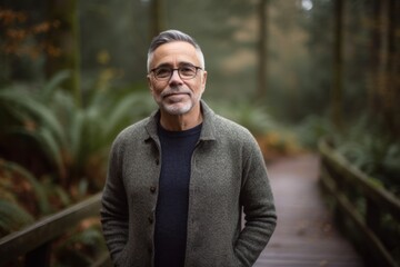 Portrait of a senior man standing in the rainforest in autumn