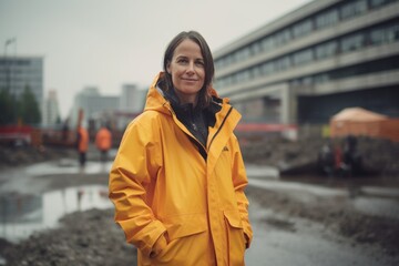 Portrait of a woman in a yellow raincoat at the construction site