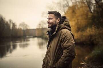 Portrait of a young man in a raincoat on the bank of the river