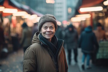 Portrait of a senior Asian woman walking in the street in winter