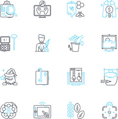 Computer art linear icons set. Pixelated, Fractal, Interactive, Abstract, Digital, D, Animated line vector and concept signs. Glitch,Cybernetic,Technicolor outline illustrations