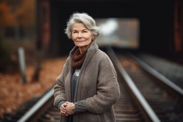 Portrait of a senior woman standing on railway tracks in autumn.