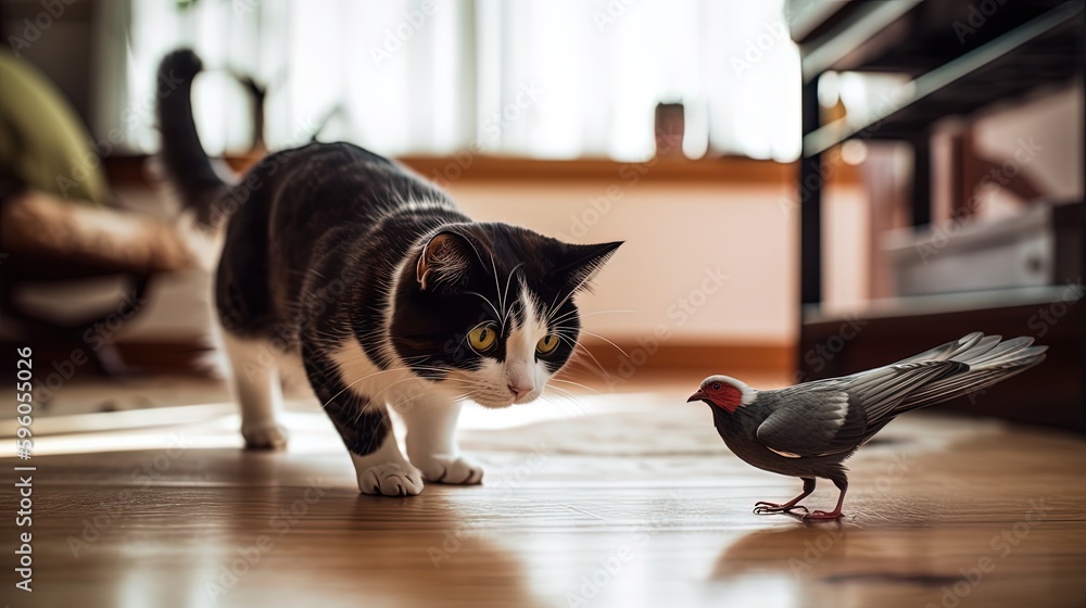 Poster cute cat play with bird in living room,  funny animal picture, Generative Ai