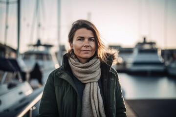 Portrait of a young beautiful woman in a jacket and scarf on the background of yachts