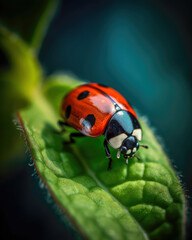 ladybug on green leaf. close up macro photo