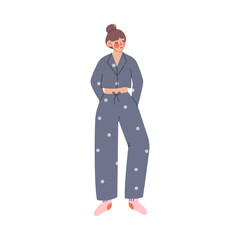 Beautiful woman in trendy comfy home clothes. Girl standing in cozy outfit or nightwear cartoon vector illustration