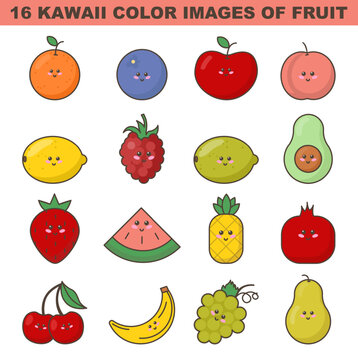 Cute fruits and berries stickers or icons set. Kawaii fresh and sweet