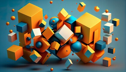 Dynamic 3D Geometric Cubes, Floating & Rotating, Visually Intriguing, Stylish Contemporary Abstract Background, Toon Shading, Flat Colors, Simplified Shapes, Bold Outlines. Generative AI