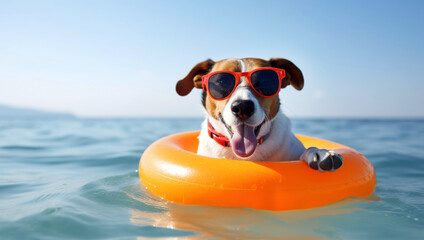 dog in the sea with sunglasses in floating ring , generative ai