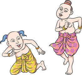 Thai cartoons, Thai children, children having fun playing.  pop art retro hand drawn style transparent background.

