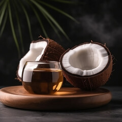 Fototapeta na wymiar close up Coconut organic oil. Coconut oil in a wooden cup and coconuts fruits close-up with green palm leaf isolated 