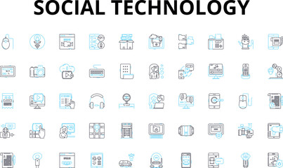 Social technology linear icons set. Nerking, Collaborative, Communication, Interaction, Sharing, Cybersecurity, Accessibility vector symbols and line concept signs. Digital,Online,Connectivity