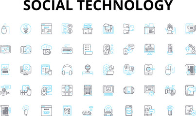 Fototapeta na wymiar Social technology linear icons set. Nerking, Collaborative, Communication, Interaction, Sharing, Cybersecurity, Accessibility vector symbols and line concept signs. Digital,Online,Connectivity