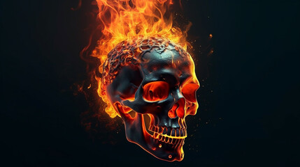 Human skull burning in fire, halloween concept.generative ai