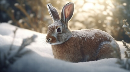 Cute gray rabbit in the snowy forest. Easter holiday concept.generative ai