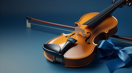 Violin and bow on a blue background.generative ai