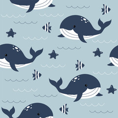 Vector hand drawn colorful childish seamless repeat simple flat pattern with whales and fishes on a blue background. Cute baby animals. Pattern for children with whales. Sea. Ocean.