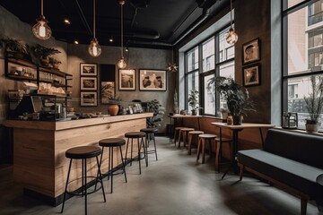 Modern and inviting coffee shop with New York loft-style design. Generative AI
