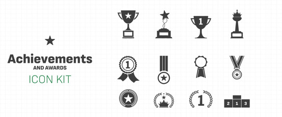 Icon kit collection for victory win at contest as an award and prize for achievement. Icon set with trophy cups and golden medals for success and achievements.