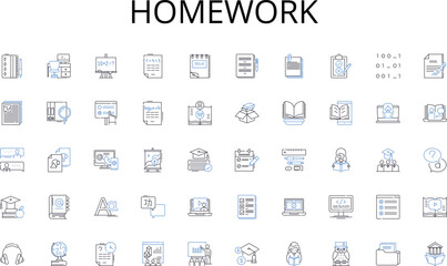 Homework line icons collection. Education, Learning, Career, Specialization, Graduate, Degree, Mastery vector and linear illustration. Research,Scholarship,Academics outline signs set