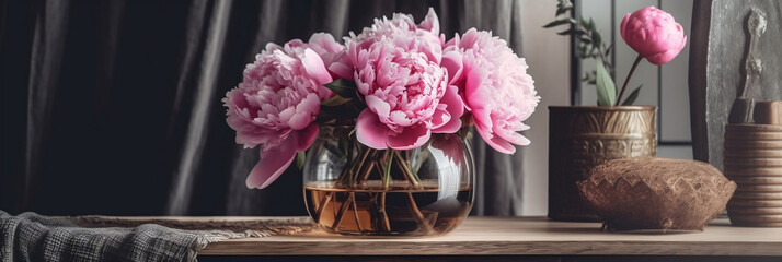 Peonies in trendy bohemian room, Pink peony blossoms in vase with rustic backdrop, Contemporary boho design, elegant cozy interior detailing, generative AI