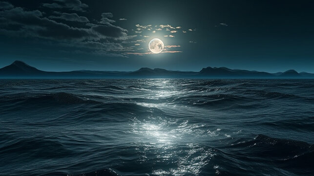 Night sea landscape with full moon and stars.generative ai