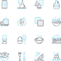 Food offerings linear icons set. Cuisine, Menu, Ingredients, Flavors, Spices, Entrees, Appetizers line vector and concept signs. Desserts,Beverages,Gourmet outline illustrations