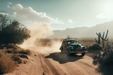 Obraz na płótnie Canvas Smoke cloud over desert road with abandoned car. Generative AI