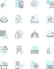 Virus spread linear icons set. Contagion, Infectious, Outbreak, Epidemic, Pandemic, Transmission, Infected line vector and concept signs. Isolation,Quarantine,Virus outline illustrations