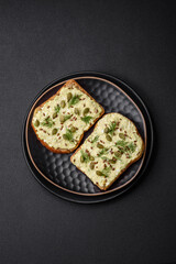 Grilled toast with avocado paste, eggs, cream cheese, salt, spices and herbs