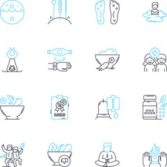 Traditional medicine linear icons set. Herbalism, Acupuncture, Ayurveda, Meditation, Cupping, Chiropractic, Homeopathy line vector and concept signs. Tai Chi,Naturopathy,Qi gong outline illustrations