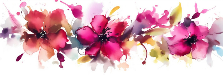 Fototapeta na wymiar Colorful pink flowers over white background, Watercolor painting style, generative AI