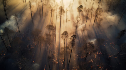 Aerial View after an Intense Forest Fire with Glowing Smoke Trail, charred tree, cinematic lens flare, sunset cinematic light, wallpaper, AI