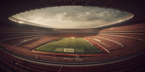Fototapeta na wymiar Sport background. Imaginary stadium. Generative AI. Stadium with green grass, illumination lights. Sport arena