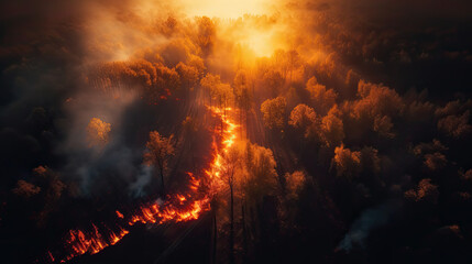 Fototapeta na wymiar Preventing wildfires: captivating aerial view of a forest fire and its dangers, lens flare cinematic sunset, path of fire, AI