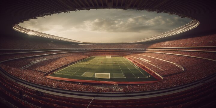 Sport background. Imaginary stadium. Generative AI. Stadium with green grass, illumination lights. Sport arena