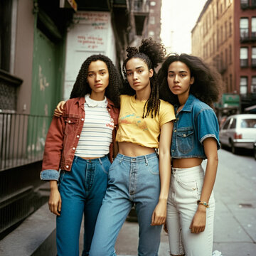 YOUNG FRIENDS, IN Y2K STYLE, OF VARIOUS ETHNICITIES, IN THE CITY STREET