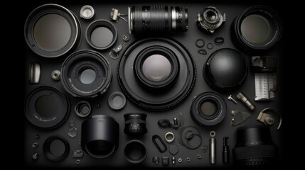 Internal elements of a camera lens organized on a work table, generative ai