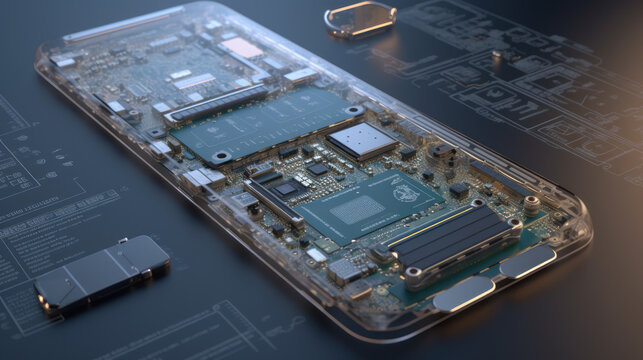 Disassembled smartphone interior at technical service for repair, generative ai