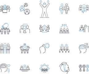 Teammates line icons collection. Supportive, Collaborative, Encouraging, Committed, Trusrthy, Loyal, Dependable vector and linear illustration. Reliable,Cooperative,Unified outline signs set