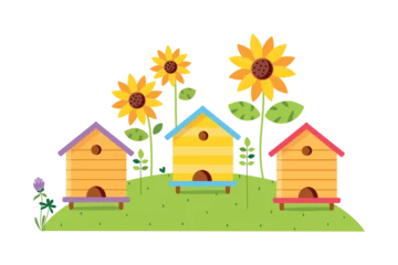 Poster Wooden beehives on beautiful summer landscape with green meadow and sunflowers cartoon vector illustration © topvectors