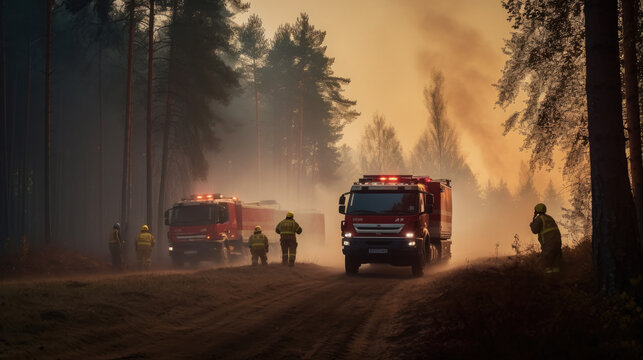 fire truck on a road in the forest, orange smoke, perfect banner, realistic 3d render, wallpaper cinematographic light, AI