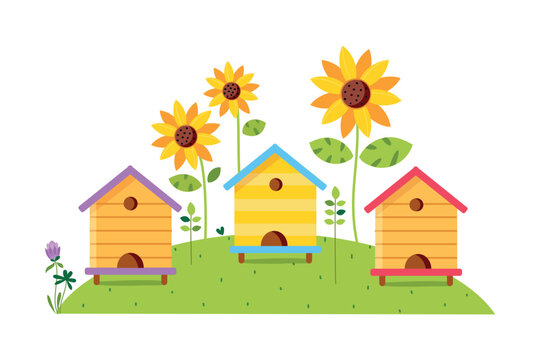 Wooden beehives on beautiful summer landscape with green meadow and sunflowers cartoon vector illustration