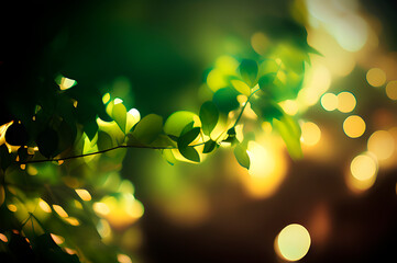 green branches in soft focus, summer background with bokeh and blurry background, generative ai