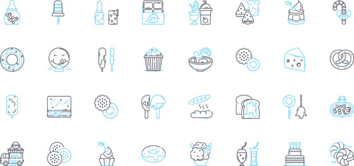 Desserts linear icons set. Cake, Brownies, Cookies, Ice cream, Pudding, Pie, Cheesecake line vector and concept signs. Mousse,Sorbet,Gelato outline illustrations