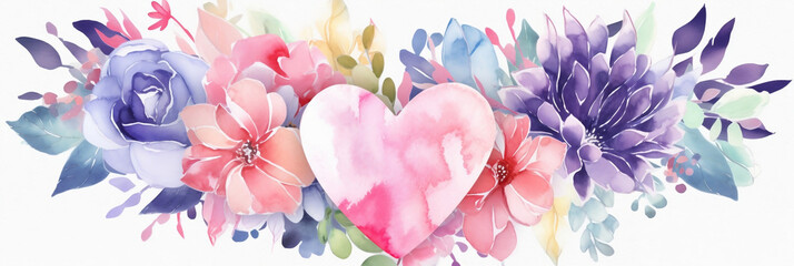 Circular Mother's Day Illustration with Love Heart and Watercolor Flowers, Beautiful Design, generative AI