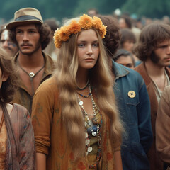 hippie at woodstock 1969 festival style, unpublished style created Hippie style Commercial IA generativa