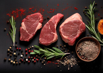 raw beef steak with herbs, meat on black background